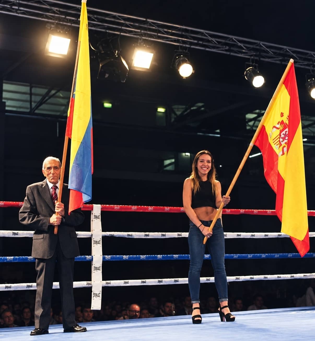 Nerea Muñoz en el ring con su abuelo
